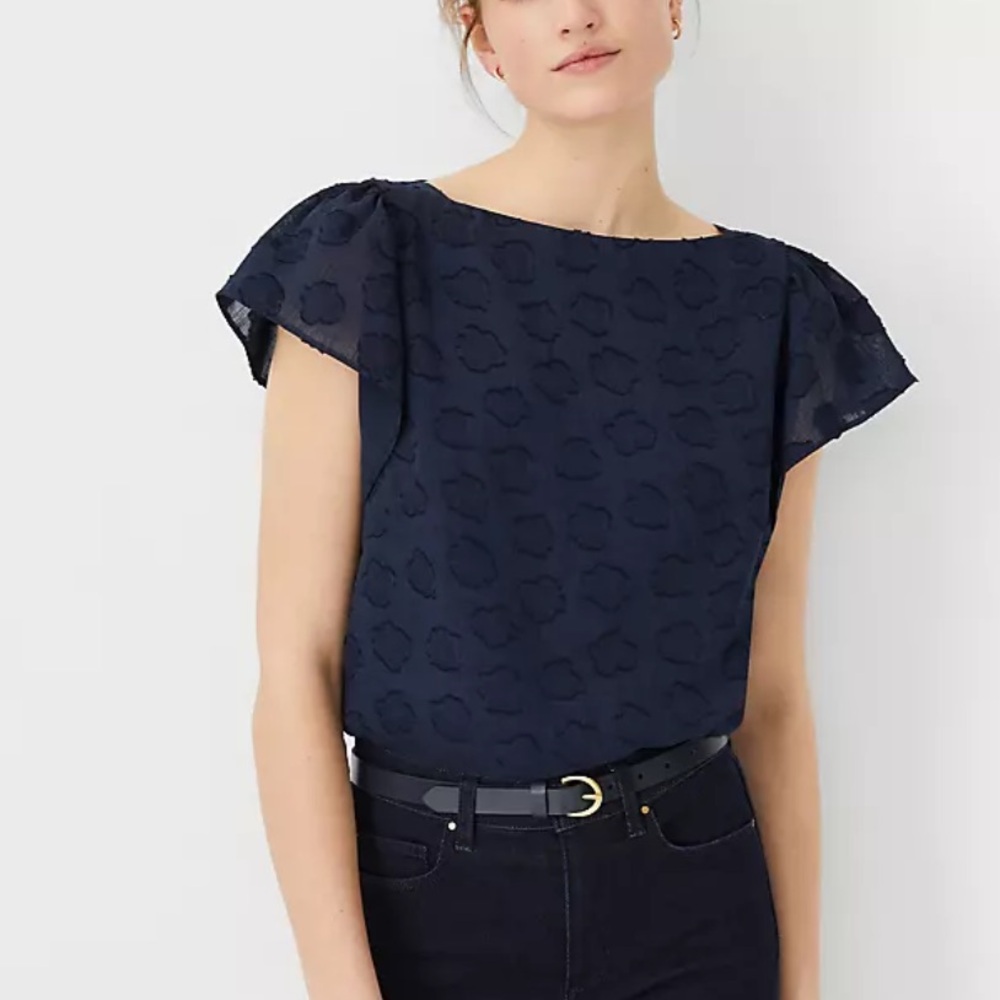 Ann Taylor Floral Clip Flutter Sleeve Square Neck Top